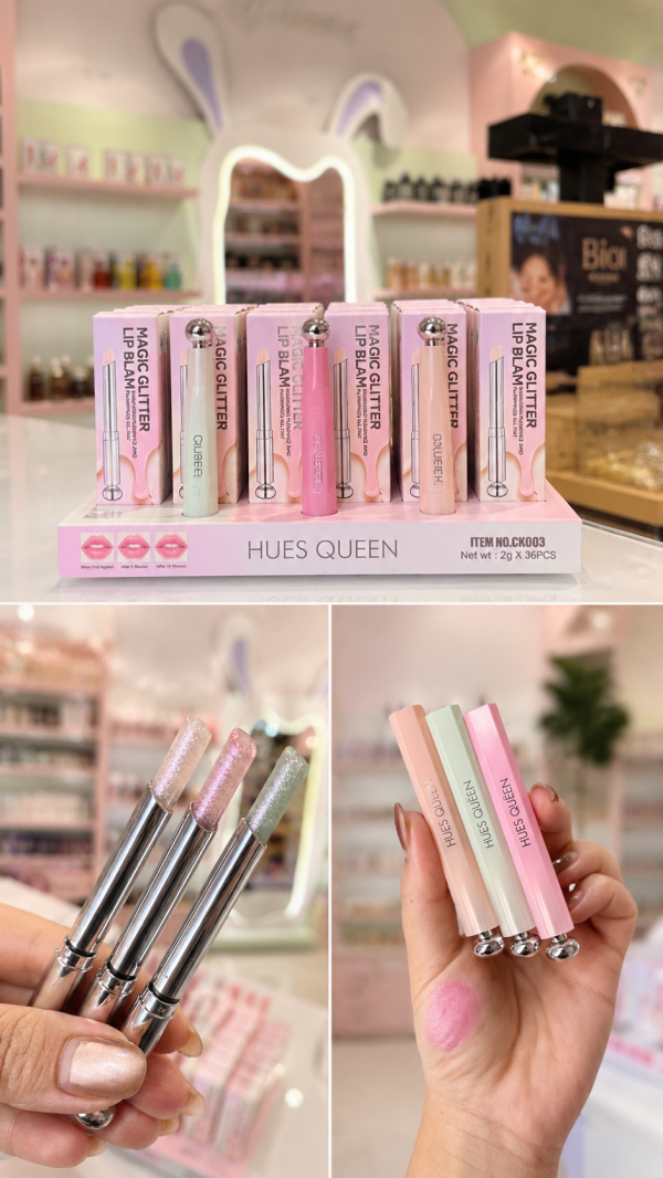 بالم لب حرارتی هیوز کوئین Hues Queen گلیتری شاین دار در رنگ های متنوع